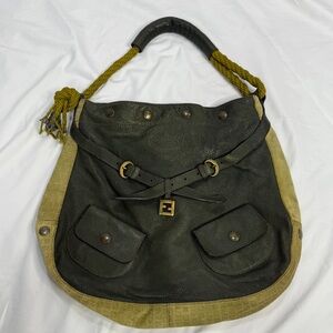 Auth Rare Fendi vintage Green suede & Leather Hobo Bag rope strap Boho slouchy